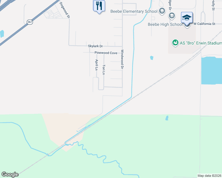 map of restaurants, bars, coffee shops, grocery stores, and more near 1807 Birchwood Drive in Beebe