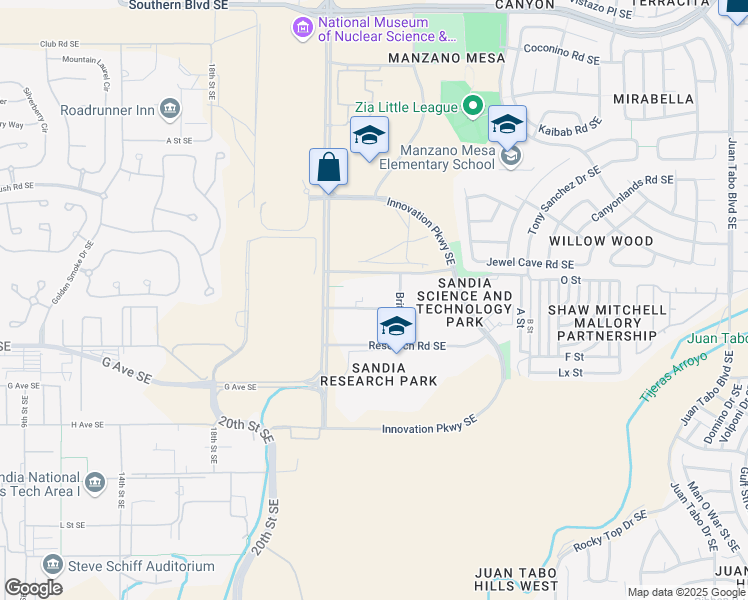 map of restaurants, bars, coffee shops, grocery stores, and more near 10421 Research Road Southeast in Albuquerque
