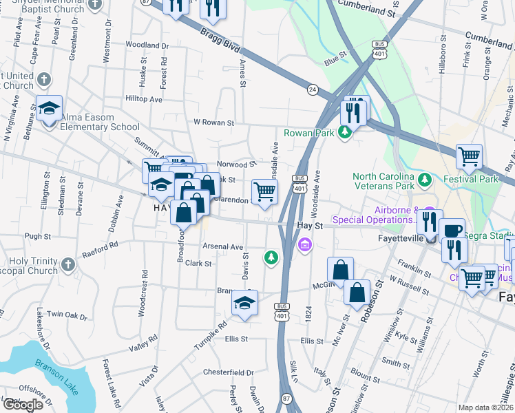 map of restaurants, bars, coffee shops, grocery stores, and more near 908 Hay Street in Fayetteville