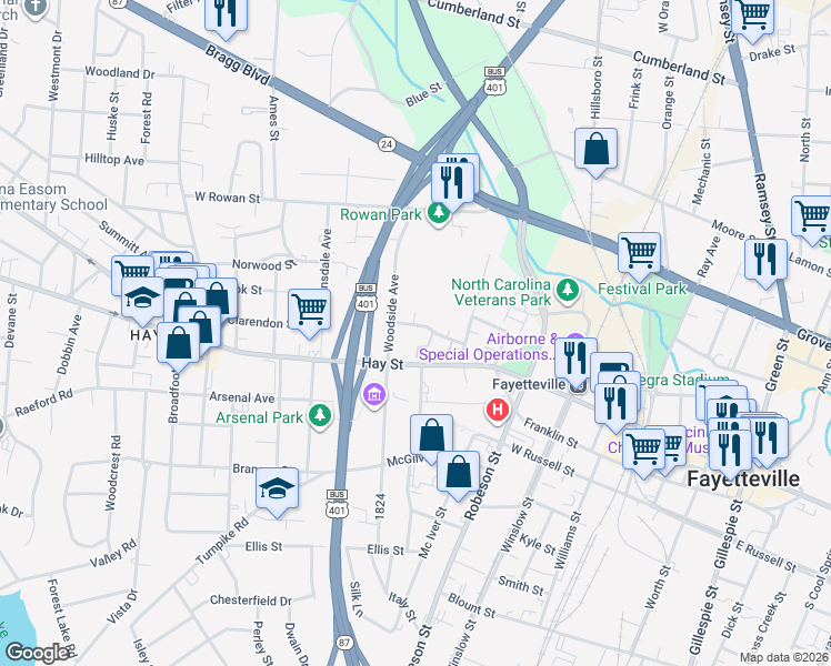 map of restaurants, bars, coffee shops, grocery stores, and more near 737 Victorian Place in Fayetteville