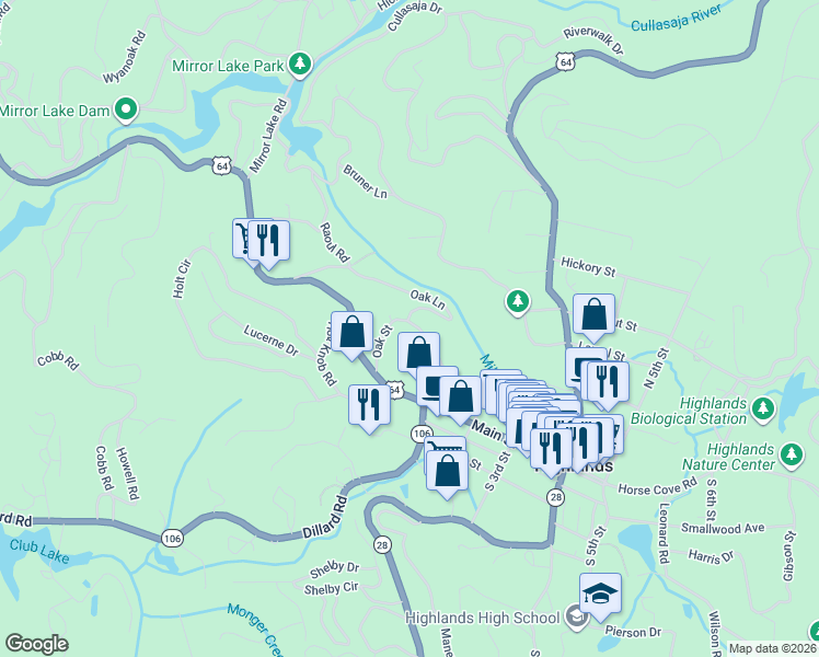 map of restaurants, bars, coffee shops, grocery stores, and more near 29-43 Oak Street in Highlands