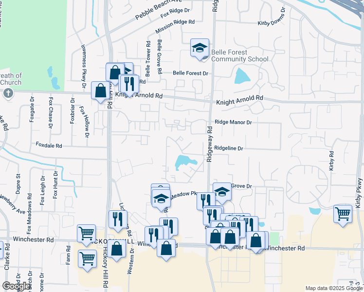 map of restaurants, bars, coffee shops, grocery stores, and more near 3417 Ridgeway Road in Memphis