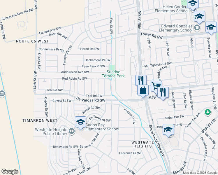 map of restaurants, bars, coffee shops, grocery stores, and more near 1005 Peacock Drive Southwest in Albuquerque