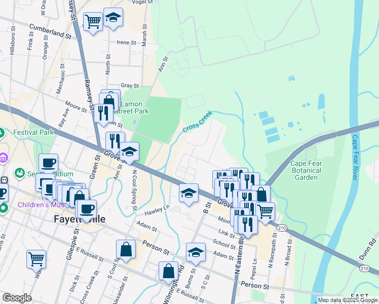 map of restaurants, bars, coffee shops, grocery stores, and more near 74 Lamon Street in Fayetteville