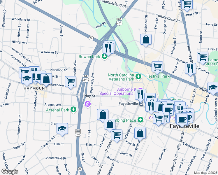 map of restaurants, bars, coffee shops, grocery stores, and more near 702 Marketview Court in Fayetteville