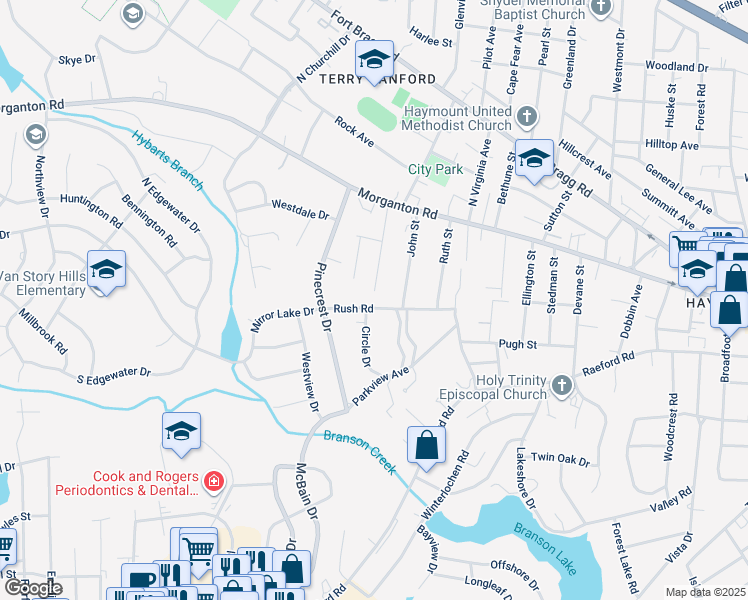 map of restaurants, bars, coffee shops, grocery stores, and more near 608 Rush Road in Fayetteville