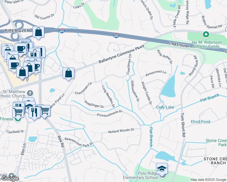 map of restaurants, bars, coffee shops, grocery stores, and more near 10945 Fox Mill Lane in Charlotte