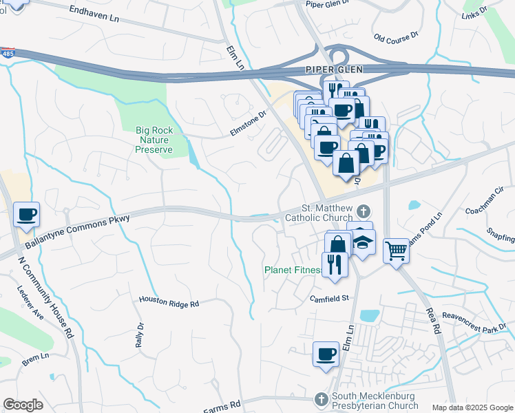 map of restaurants, bars, coffee shops, grocery stores, and more near 11230 Foxhaven Drive in Charlotte