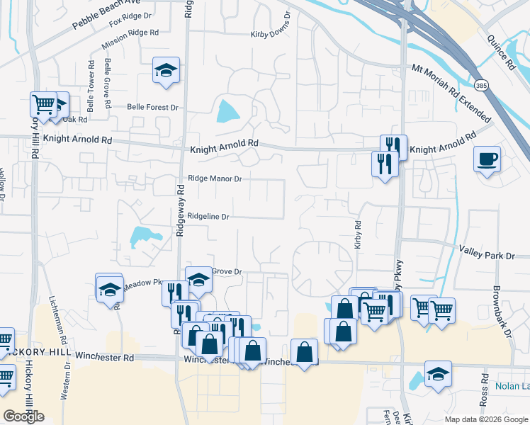 map of restaurants, bars, coffee shops, grocery stores, and more near 6355 Ridgeline Drive in Memphis