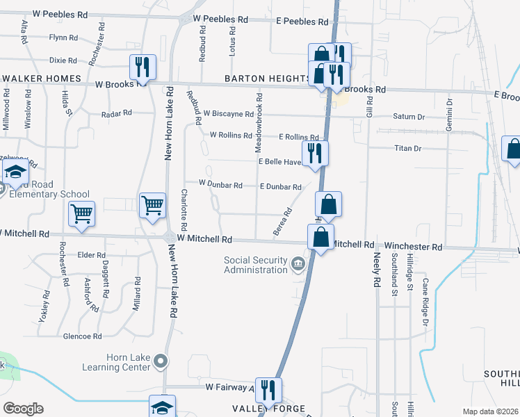 map of restaurants, bars, coffee shops, grocery stores, and more near 25 East Emory Road in Memphis