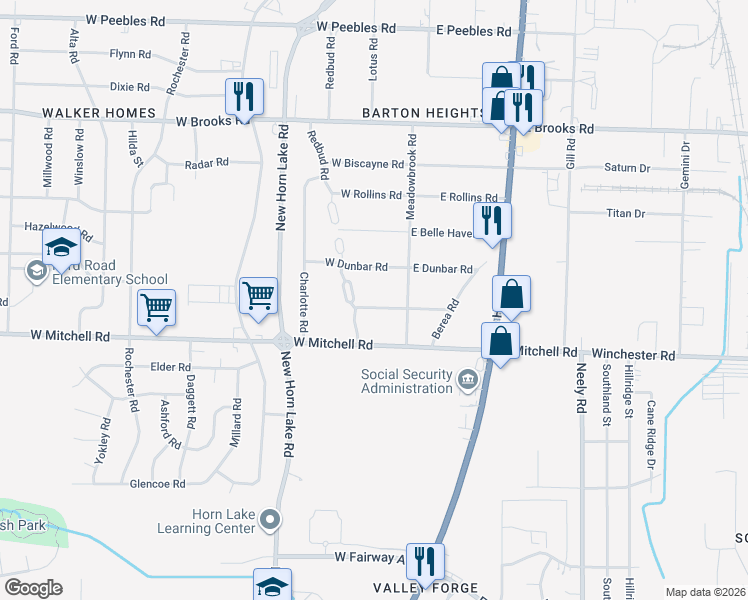 map of restaurants, bars, coffee shops, grocery stores, and more near 23 West Emory Road in Memphis