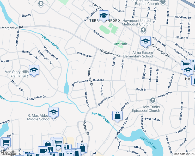 map of restaurants, bars, coffee shops, grocery stores, and more near 704 Rush Road in Fayetteville