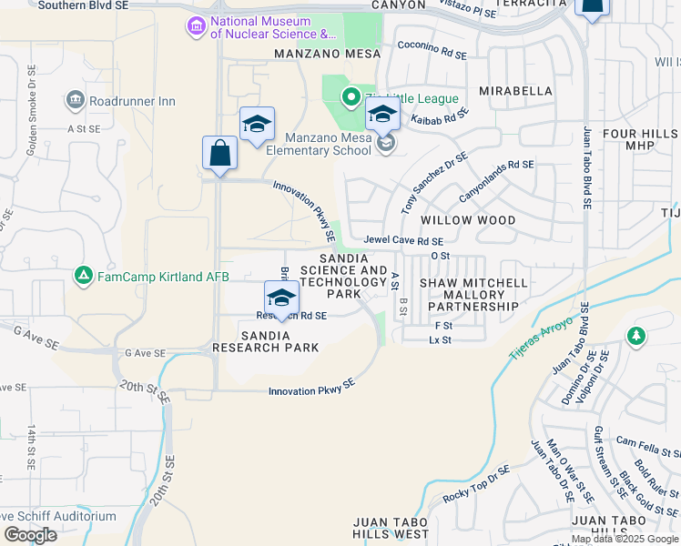 map of restaurants, bars, coffee shops, grocery stores, and more near 1000 Innovation Parkway Southeast in Albuquerque