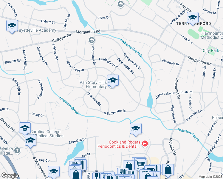 map of restaurants, bars, coffee shops, grocery stores, and more near 400 Foxhall Road in Fayetteville
