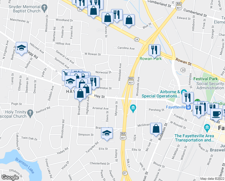 map of restaurants, bars, coffee shops, grocery stores, and more near 907 Clarendon Street in Fayetteville