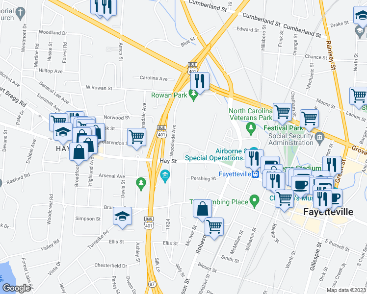 map of restaurants, bars, coffee shops, grocery stores, and more near 741 Victorian Place in Fayetteville