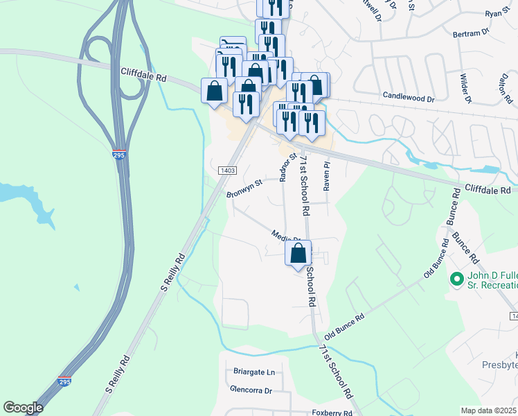 map of restaurants, bars, coffee shops, grocery stores, and more near 7035 Media Drive in Fayetteville