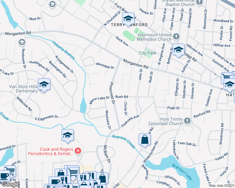 map of restaurants, bars, coffee shops, grocery stores, and more near 705 Rush Road in Fayetteville