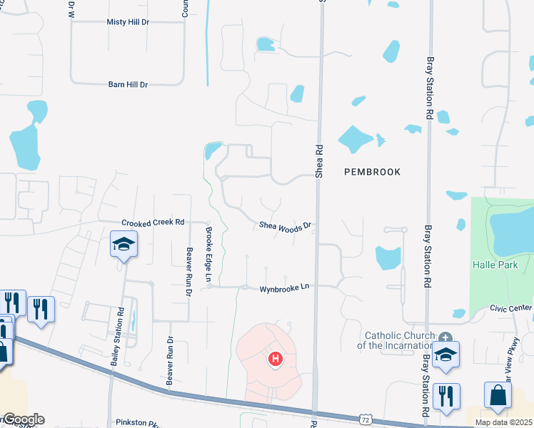 map of restaurants, bars, coffee shops, grocery stores, and more near 3361 Shea Oaks Cove in Collierville