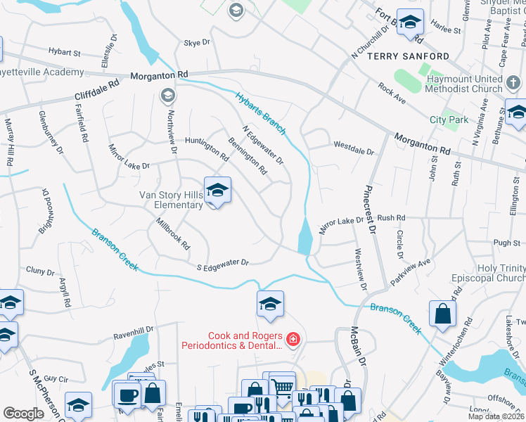 map of restaurants, bars, coffee shops, grocery stores, and more near 2527 Huntington Road in Fayetteville