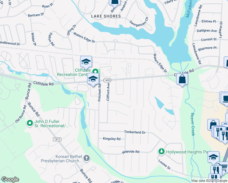 map of restaurants, bars, coffee shops, grocery stores, and more near 601 Jennings Farm Road in Fayetteville
