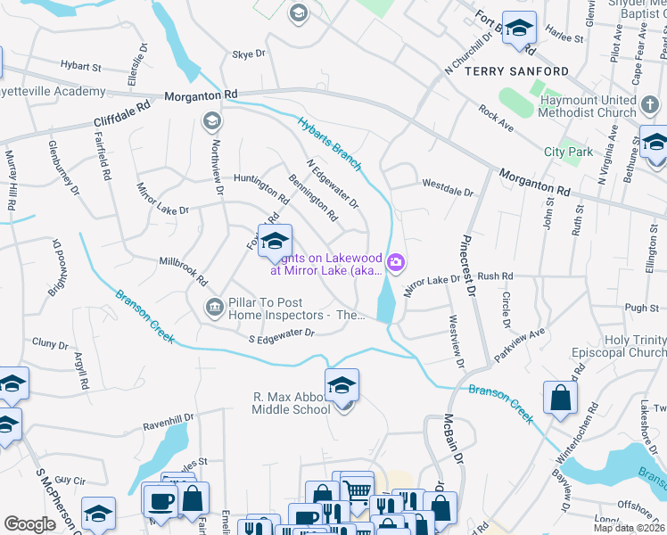 map of restaurants, bars, coffee shops, grocery stores, and more near 2518 Mirror Lake Drive in Fayetteville