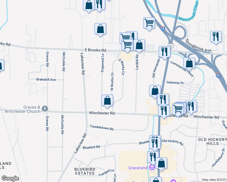 map of restaurants, bars, coffee shops, grocery stores, and more near 3376 West Rosita Circle in Memphis