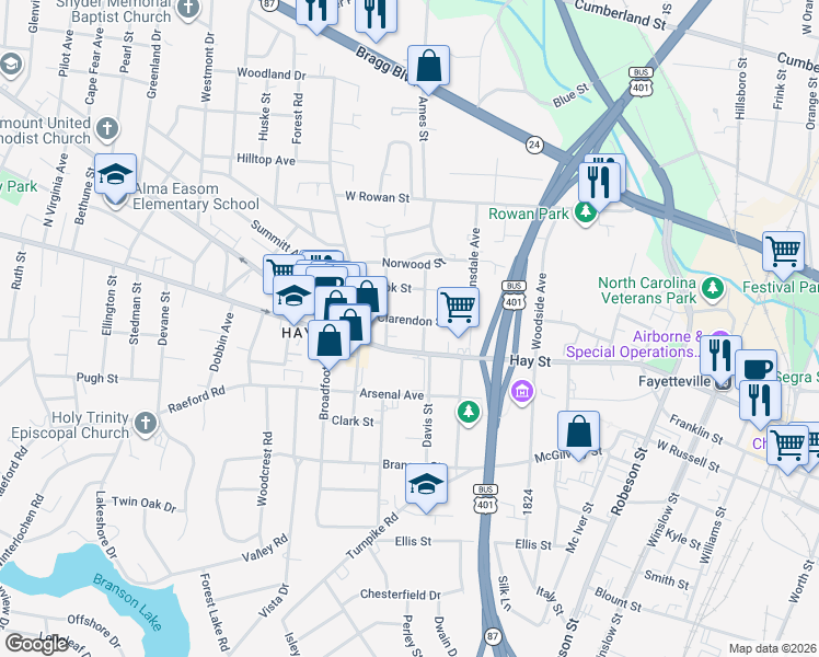 map of restaurants, bars, coffee shops, grocery stores, and more near 1006-1008 Hay Street in Fayetteville