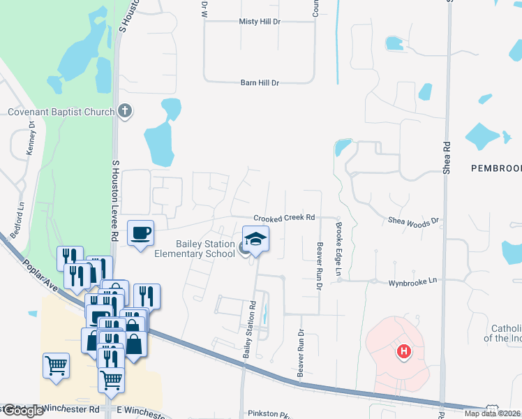 map of restaurants, bars, coffee shops, grocery stores, and more near 10205 Crooked Creek Road in Collierville