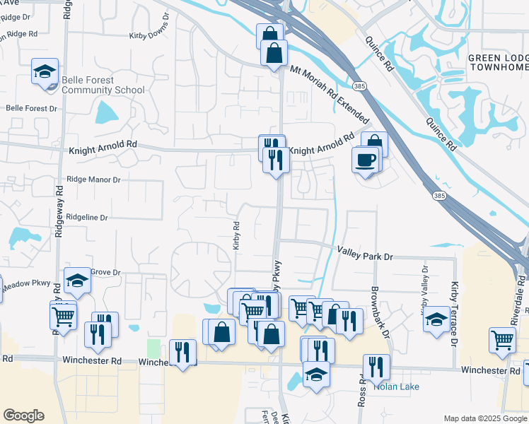 map of restaurants, bars, coffee shops, grocery stores, and more near 3356 Greenridge Cove in Memphis