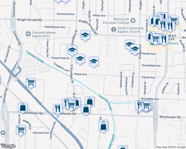 map of restaurants, bars, coffee shops, grocery stores, and more near 4350 Chuck Avenue in Memphis