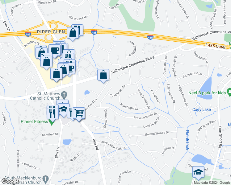map of restaurants, bars, coffee shops, grocery stores, and more near 11300 Coachman Circle in Charlotte