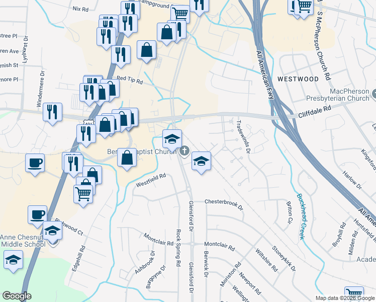 map of restaurants, bars, coffee shops, grocery stores, and more near 529 Glensford Drive in Fayetteville