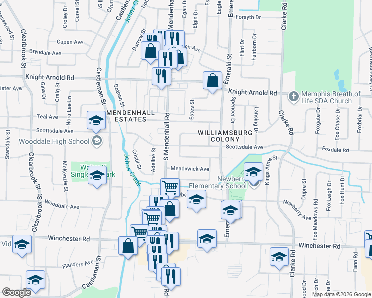 map of restaurants, bars, coffee shops, grocery stores, and more near 3362 Foxwood Drive in Memphis