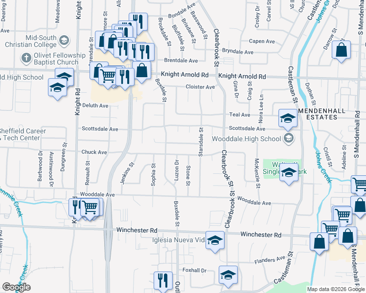 map of restaurants, bars, coffee shops, grocery stores, and more near 4880 Chuck Avenue in Memphis