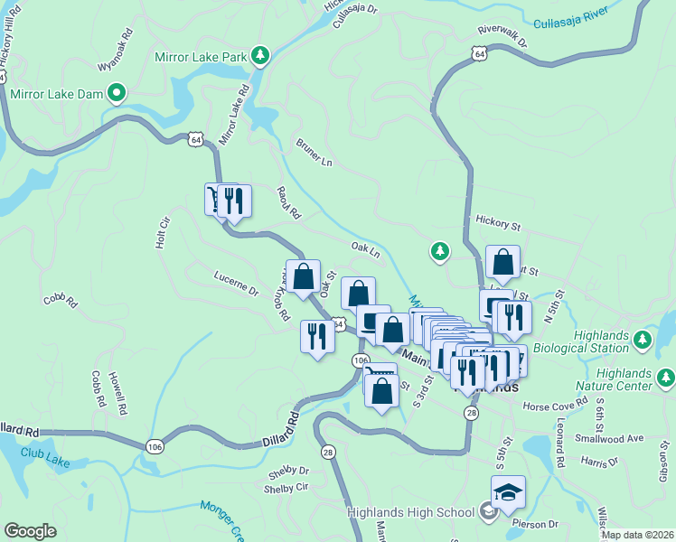map of restaurants, bars, coffee shops, grocery stores, and more near 29-43 Oak Street in Highlands