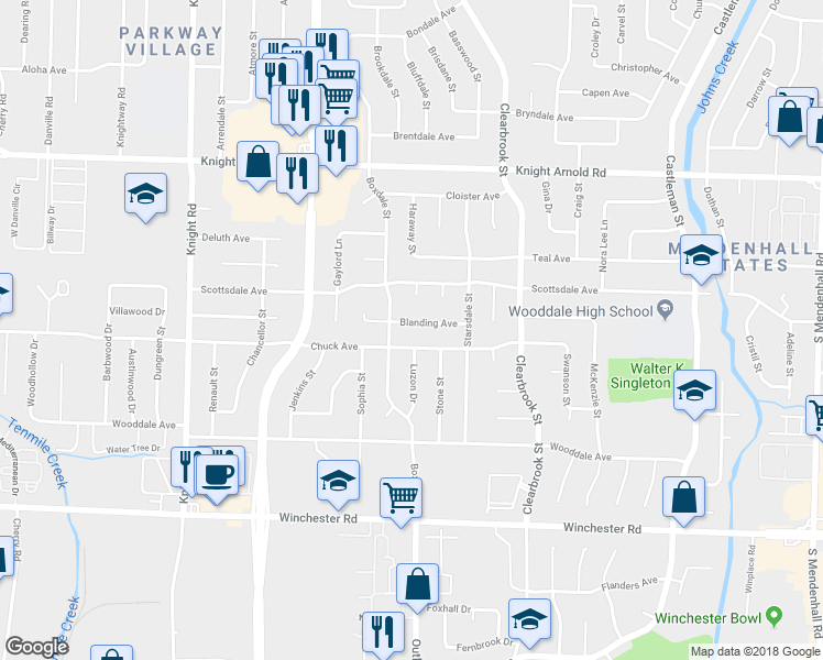 map of restaurants, bars, coffee shops, grocery stores, and more near 4849 Blanding Avenue in Memphis