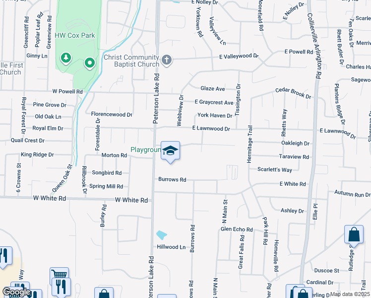 map of restaurants, bars, coffee shops, grocery stores, and more near 109 West Pecan Valley Street in Collierville