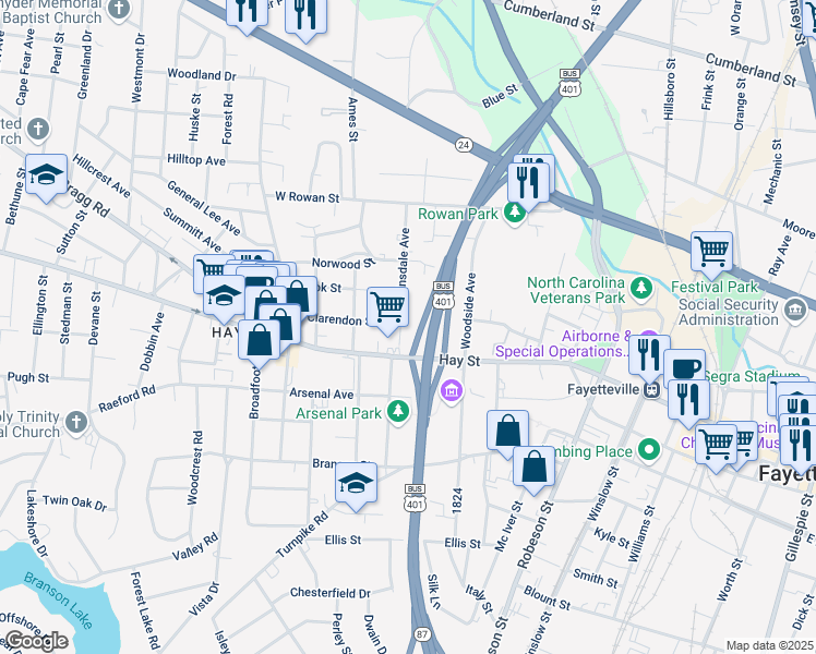 map of restaurants, bars, coffee shops, grocery stores, and more near 112 Hinsdale Avenue in Fayetteville