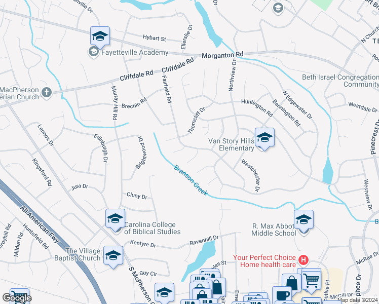 map of restaurants, bars, coffee shops, grocery stores, and more near 2823 Millbrook Road in Fayetteville