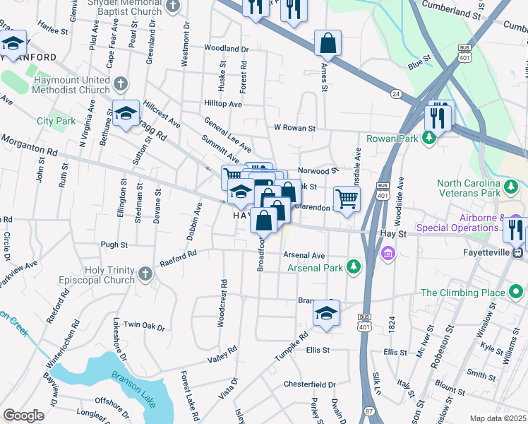 map of restaurants, bars, coffee shops, grocery stores, and more near in Fayetteville