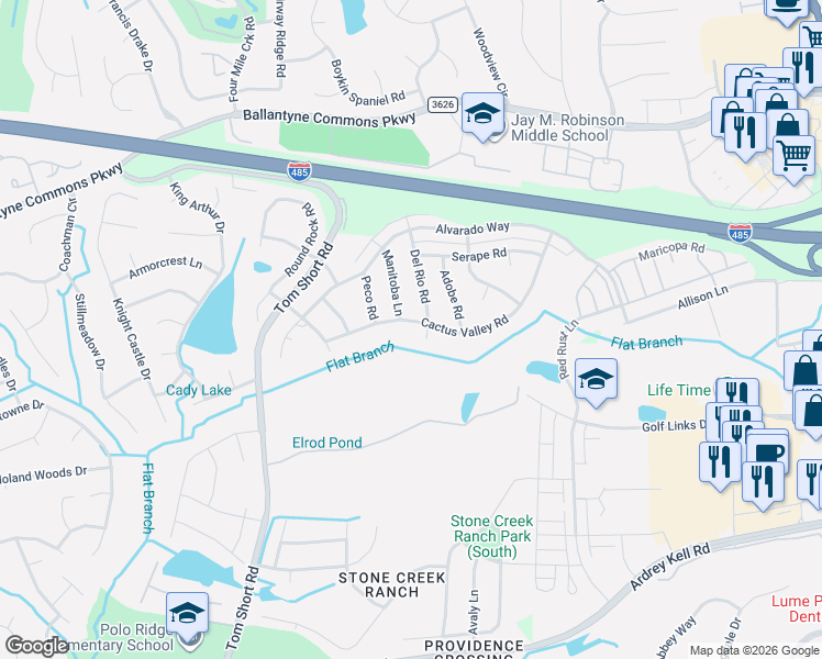 map of restaurants, bars, coffee shops, grocery stores, and more near 6019 Cactus Valley Road in Charlotte