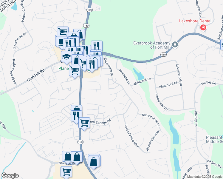 map of restaurants, bars, coffee shops, grocery stores, and more near 2350 Mirage Place in Fort Mill