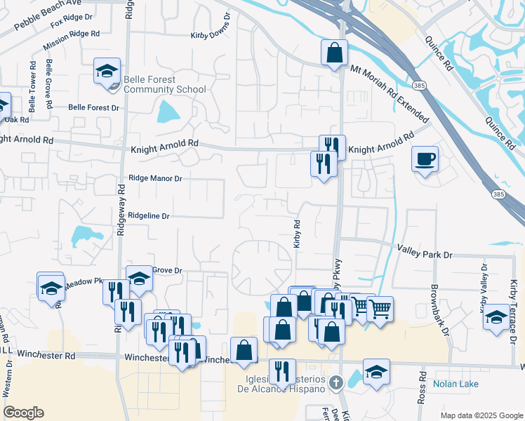 map of restaurants, bars, coffee shops, grocery stores, and more near 3393 Kirby Road in Memphis