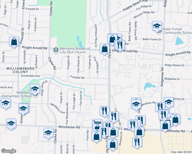 map of restaurants, bars, coffee shops, grocery stores, and more near 5870 Scottsdale Avenue in Memphis