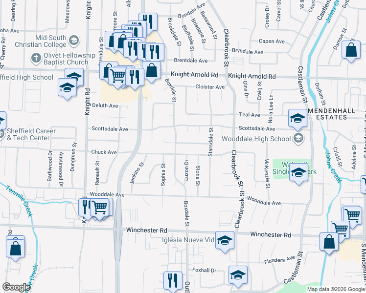 map of restaurants, bars, coffee shops, grocery stores, and more near 4837 Chuck Avenue in Memphis