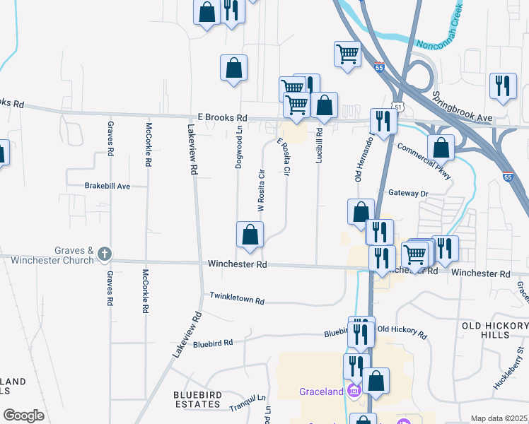map of restaurants, bars, coffee shops, grocery stores, and more near 3376 West Rosita Circle in Memphis