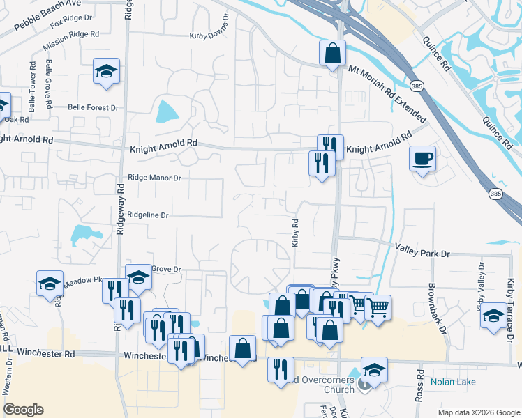 map of restaurants, bars, coffee shops, grocery stores, and more near 3393 Kirby Road in Memphis