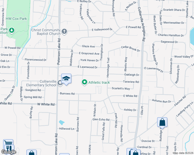 map of restaurants, bars, coffee shops, grocery stores, and more near 185 East Pecan Valley Street in Collierville