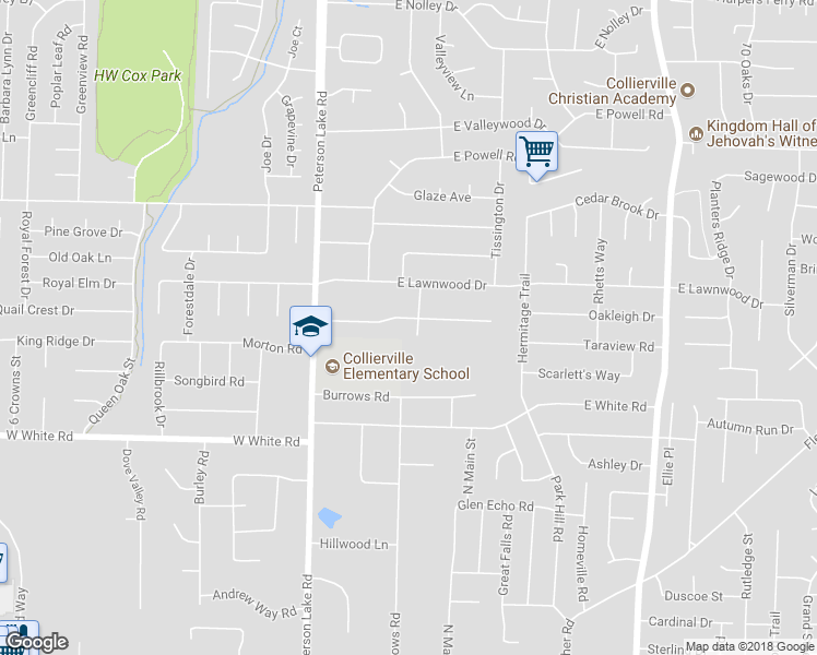 map of restaurants, bars, coffee shops, grocery stores, and more near 635 Kenaw Street in Collierville